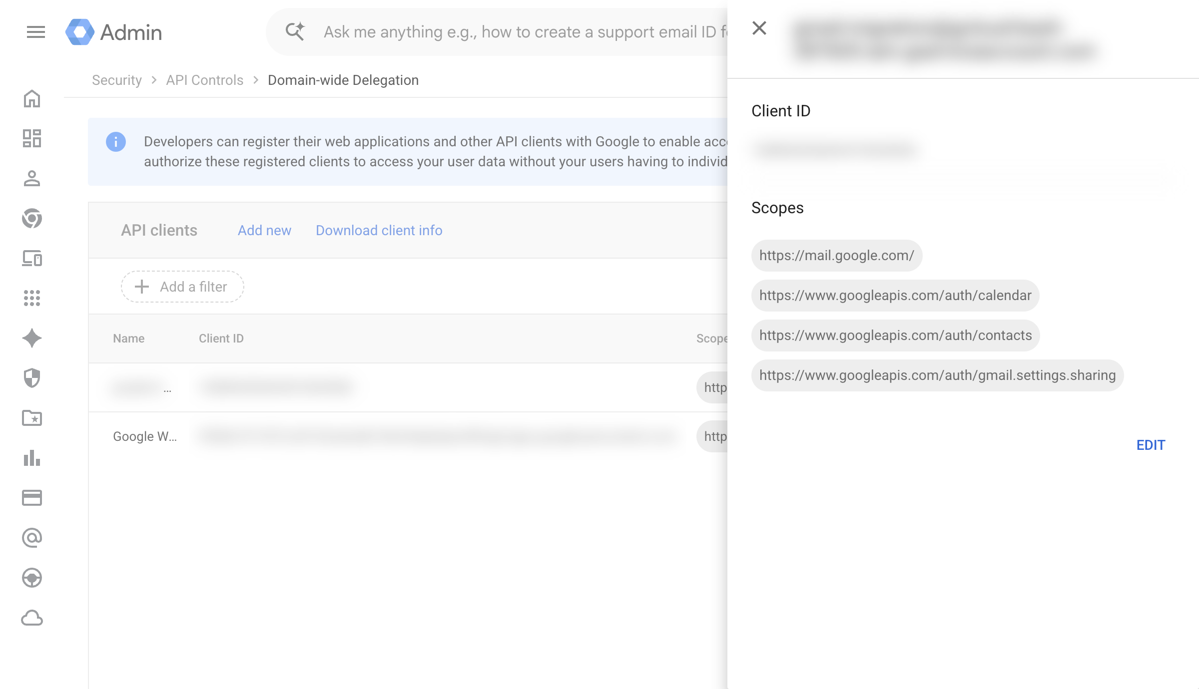 Google Workspace admin console, Domain-wide Delegation, showing a migration service account authorized for exactly four OAuth scopes: mail.google.com, auth/calendar, auth/contacts, and auth/gmail.settings.sharing. The service account identity and client ID are blurred.