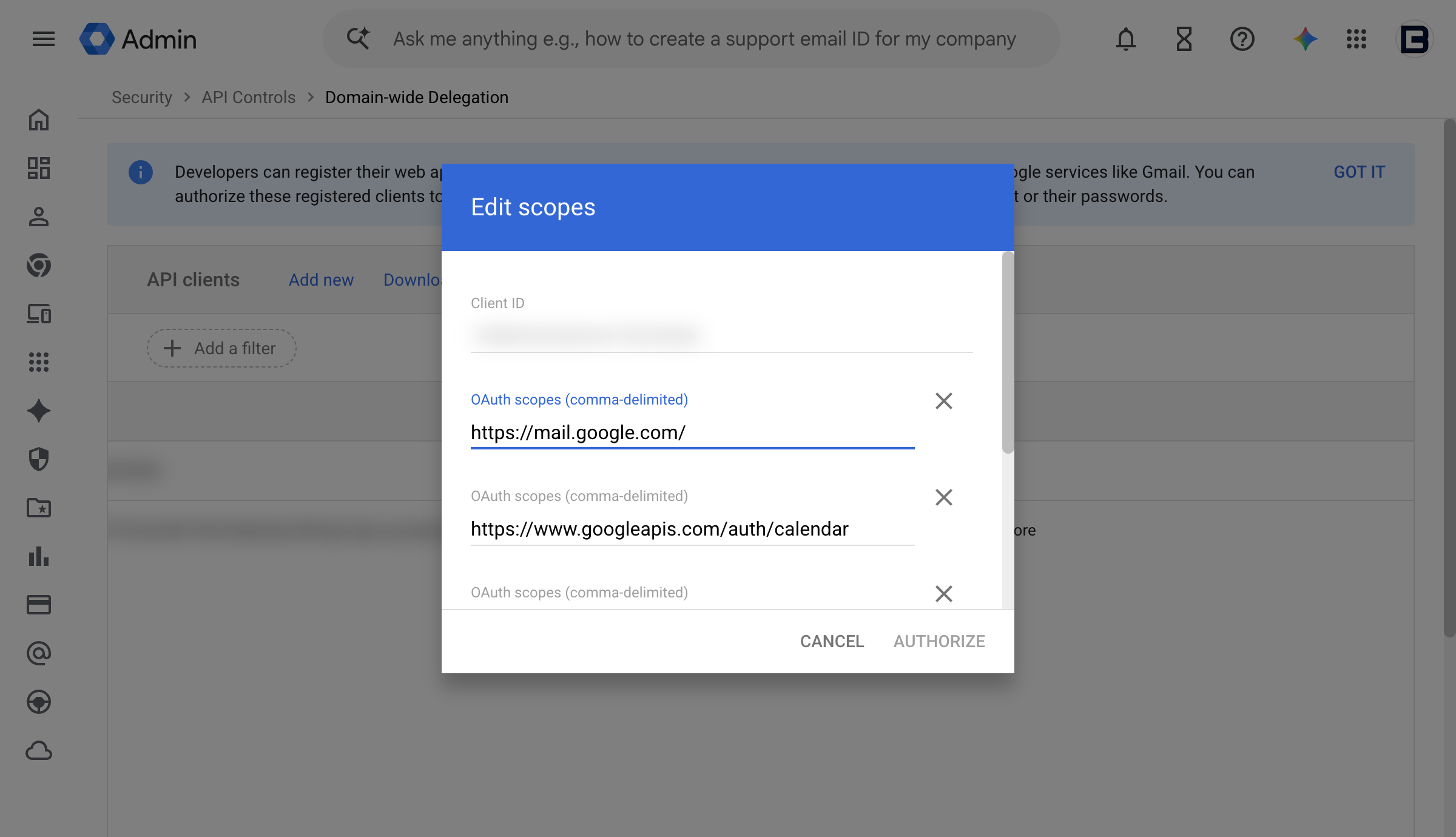 Google Workspace Edit scopes dialog for an OAuth2 client ID, showing each authorized scope in its own row with a Cancel and Authorize button, and an empty row at the bottom for adding another scope. The client ID is blurred.