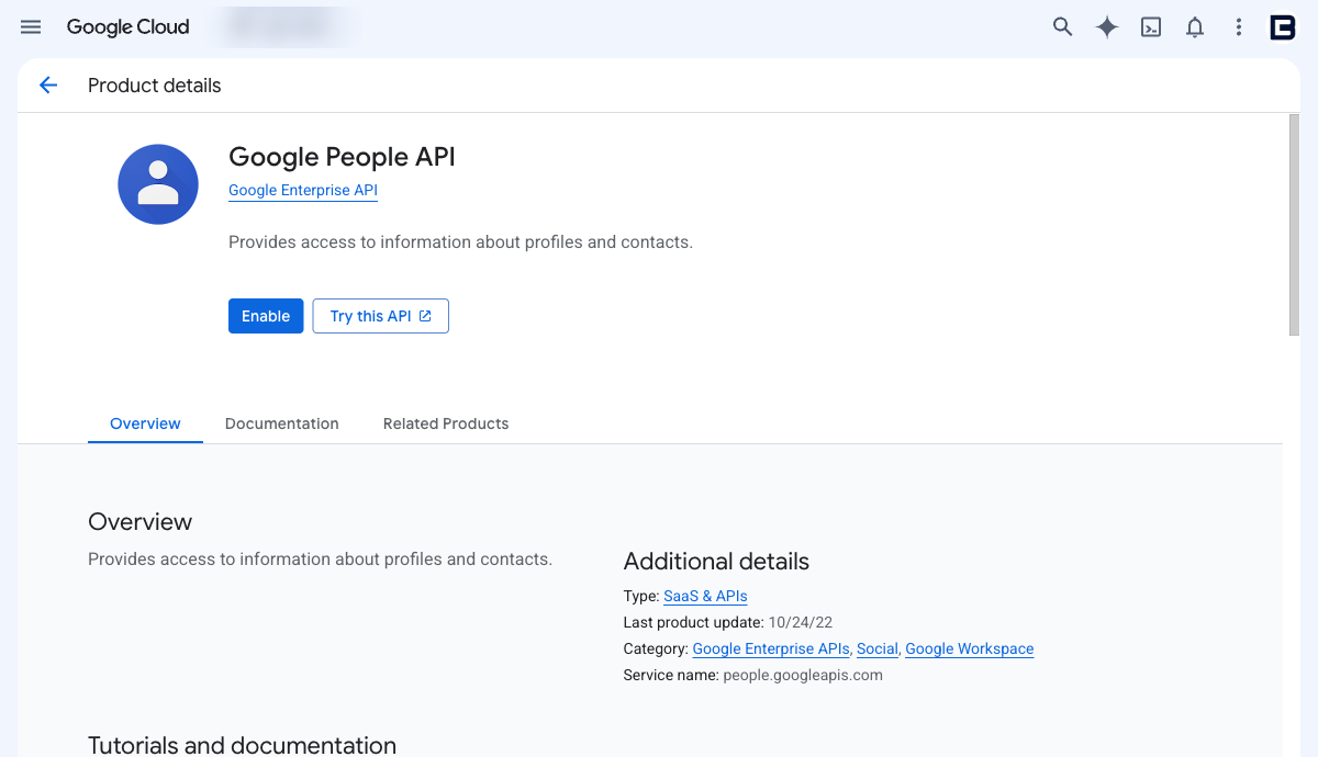 Google Cloud console product details page for the Google People API, showing an Enable button rather than a Manage button, which means the API is not enabled on this project. The project name chip is blurred.